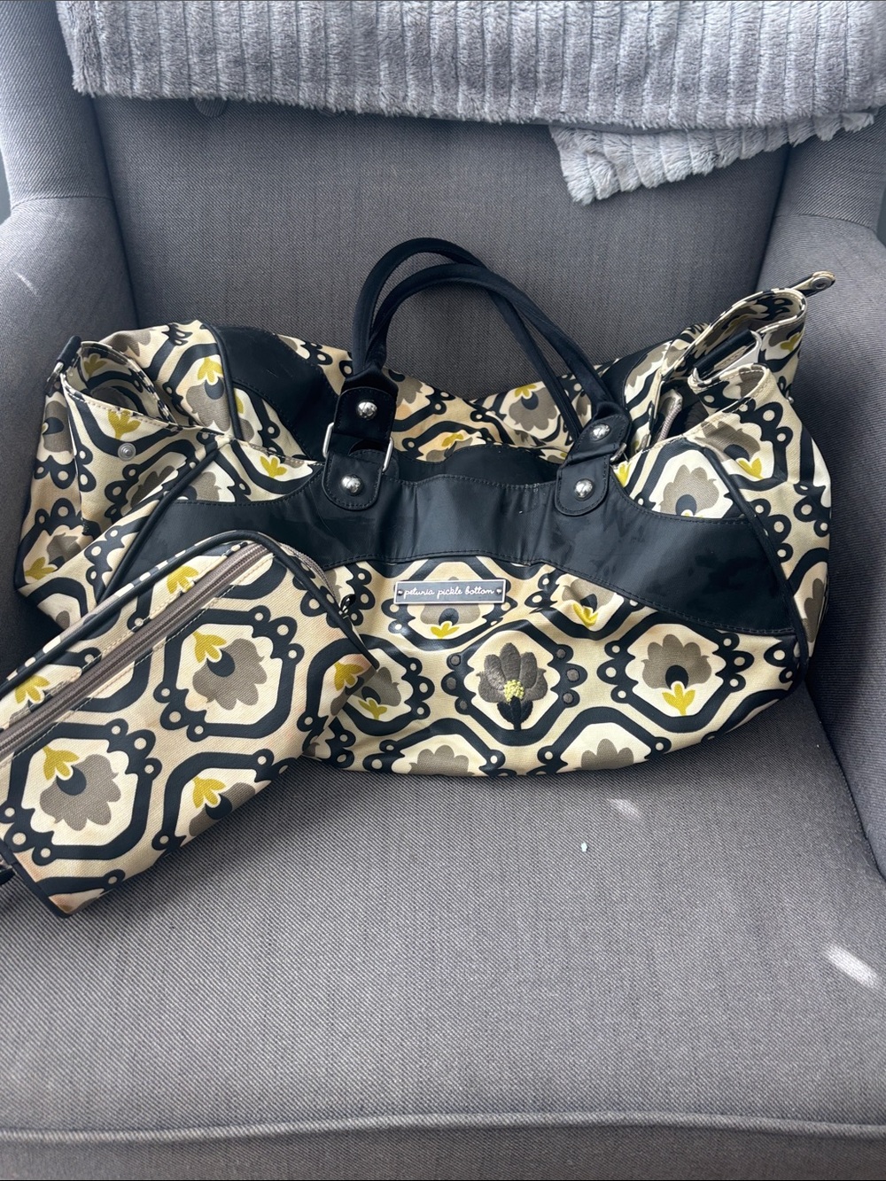 Petunia Pickle Bottom Black, Cream & Yellow Floral Travel Tote with Pouch